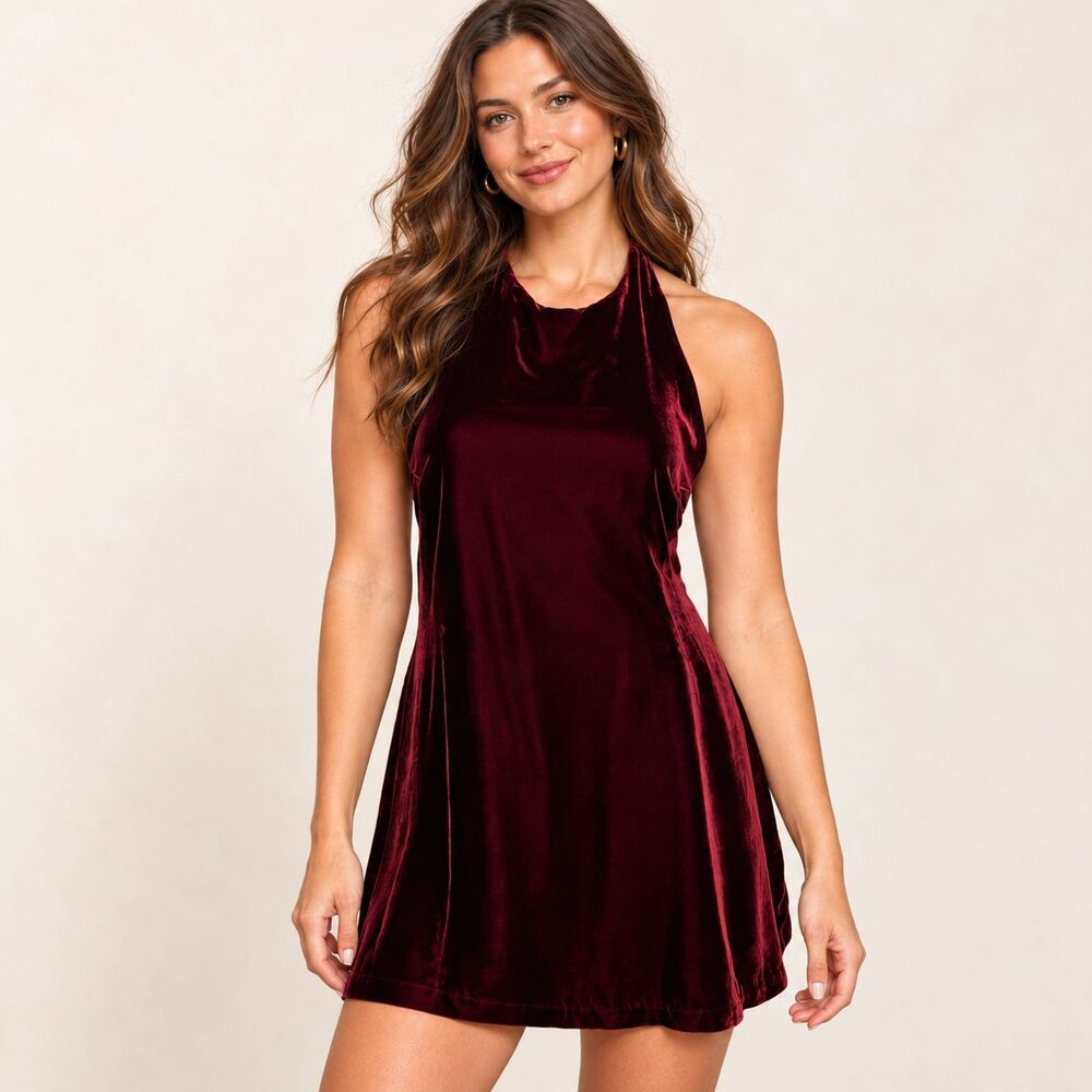 Reformation Avielle Velvet Dress Size 10 Chianti Burgundy Silk Halter Mini